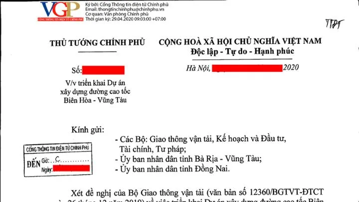 Chính Phủ Phê Duyệt Xây Dựng Cao Tốc Biên Hoà - Vũng Tàu Giai Đoạn 1 13 Hoa toc van ban