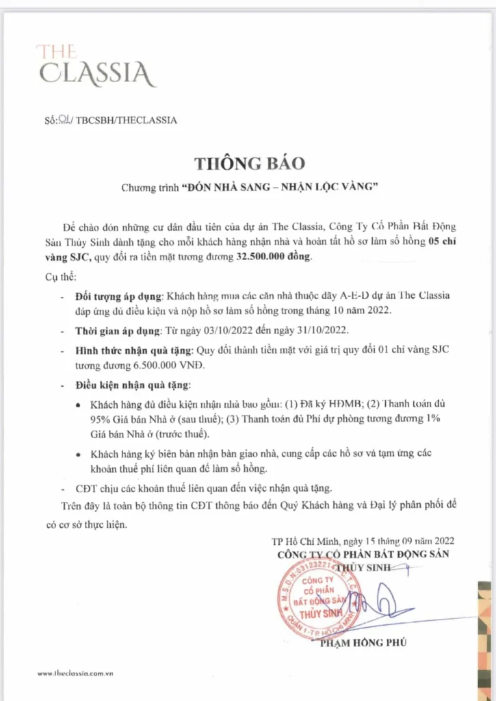 TẬP ĐOÀN KHANG ĐIỀN THÔNG BÁO BÀN GIAO NHÀ CHO KHÁCH HÀNG 5 thong bao chuong trinh don nha sang nhan loc vang
