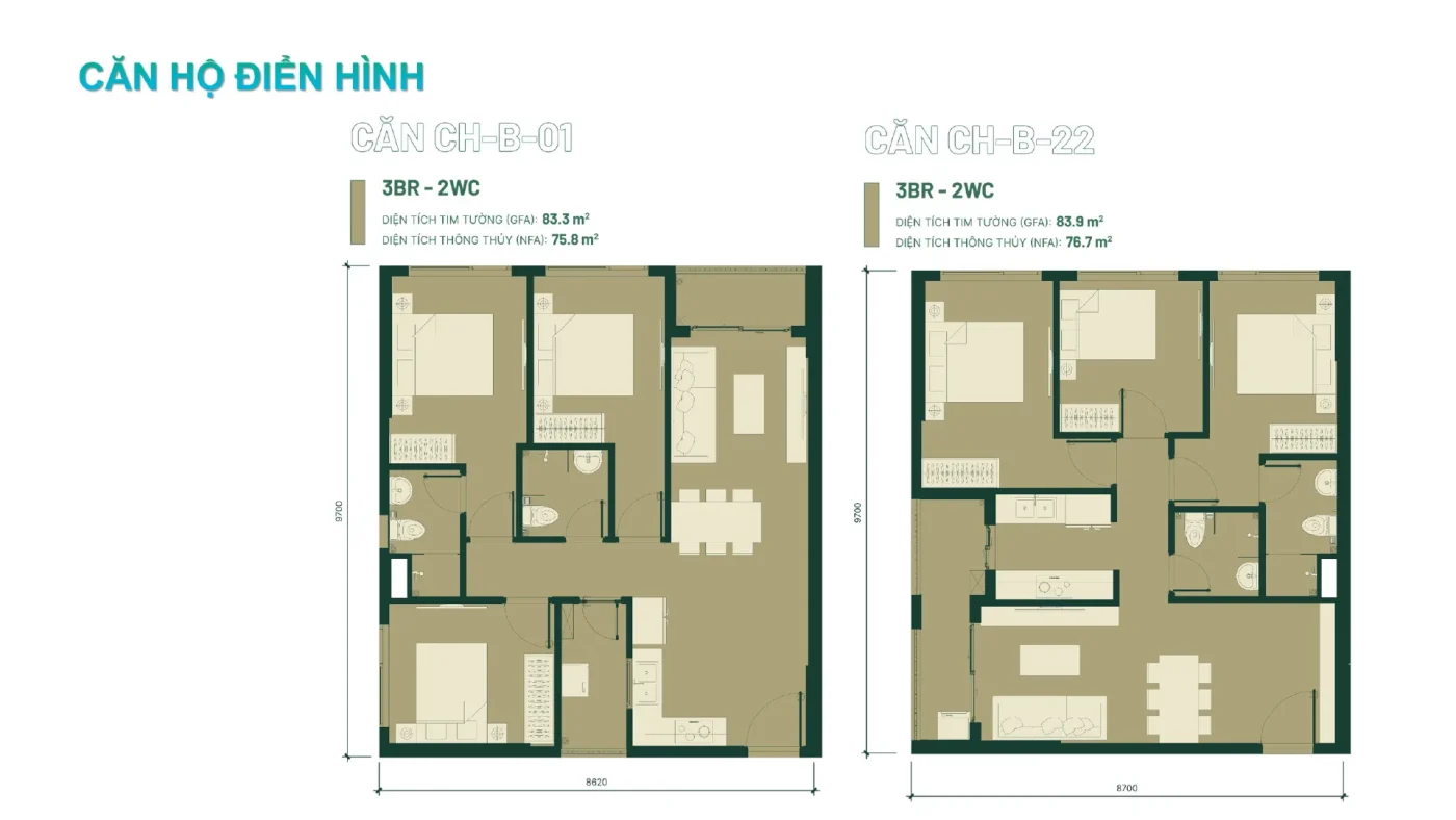 Mặt bằng căn hộ 3 phòng ngủ điển hình tại căn hộ Happy One Mori