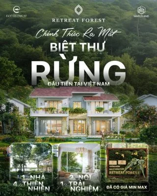 Phối cảnh tổng thể biệt thự rừng Eco Retreat Long An nhìn từ hồ thiên nga và rừng Miyawaki xanh mát.