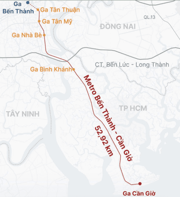 Đường đi của tuyến Metro Bến Thành - Cần Giờ