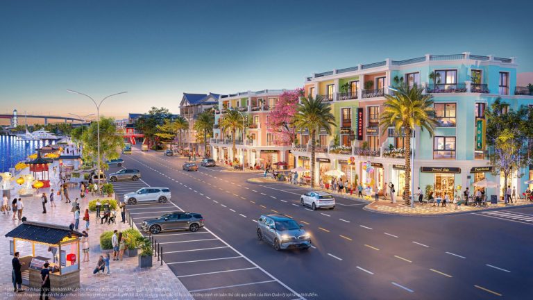 Phối cảnh shophouse Vinhomes Cần Giờ tại Phân Khu A The Haven Bay, nơi được định vị là "Trái Tim Sôi Động".