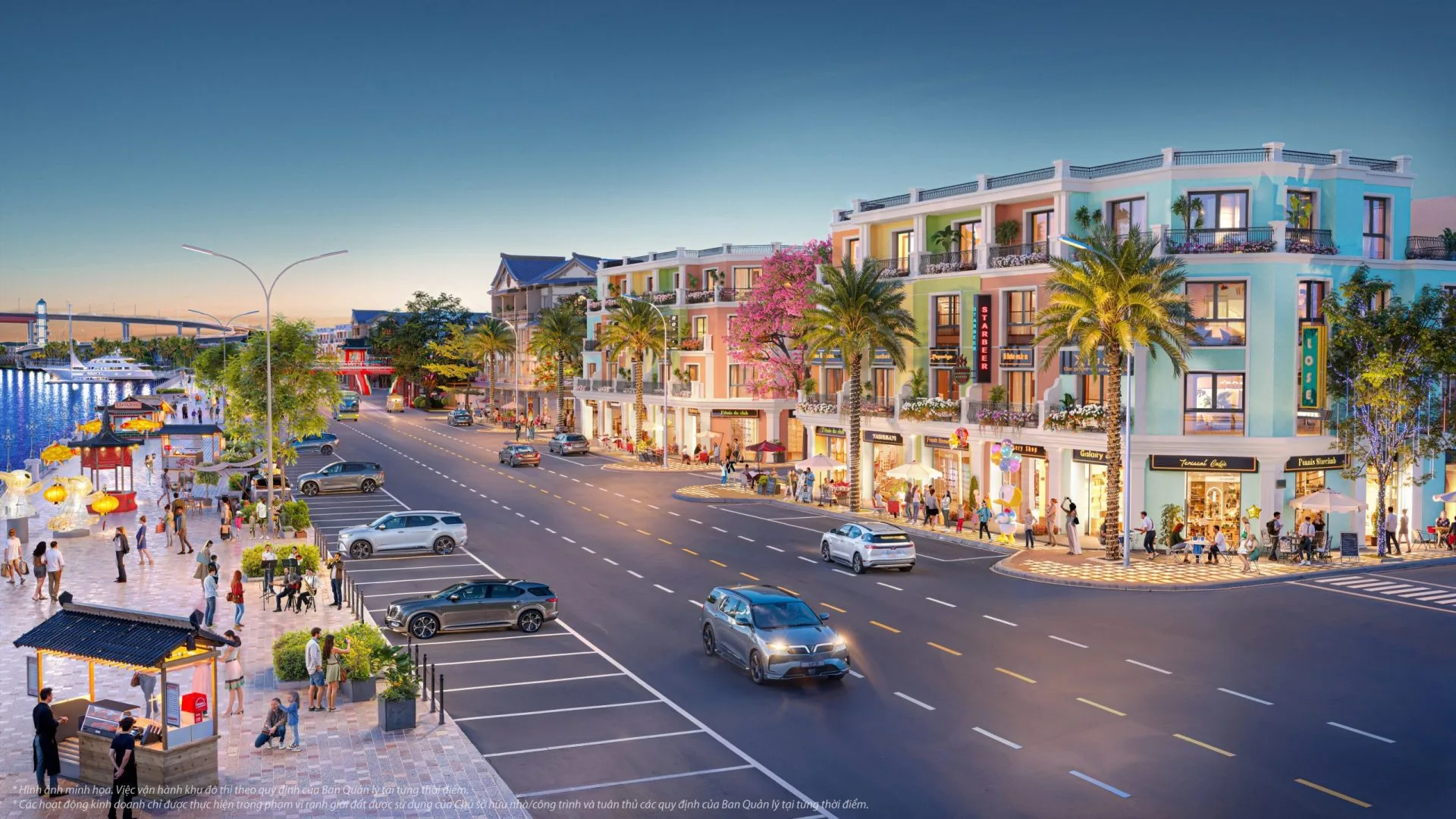 Phối cảnh shophouse Vinhomes Cần Giờ tại Phân Khu A The Haven Bay, nơi được định vị là "Trái Tim Sôi Động".