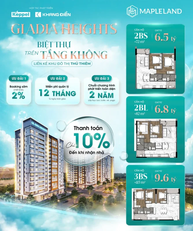 KICK OFF DỰ ÁN GLADIA HEIGHTS - MAPLELAND NHẬP CUỘC 27 Bảng giá căn hộ Gladia Heights