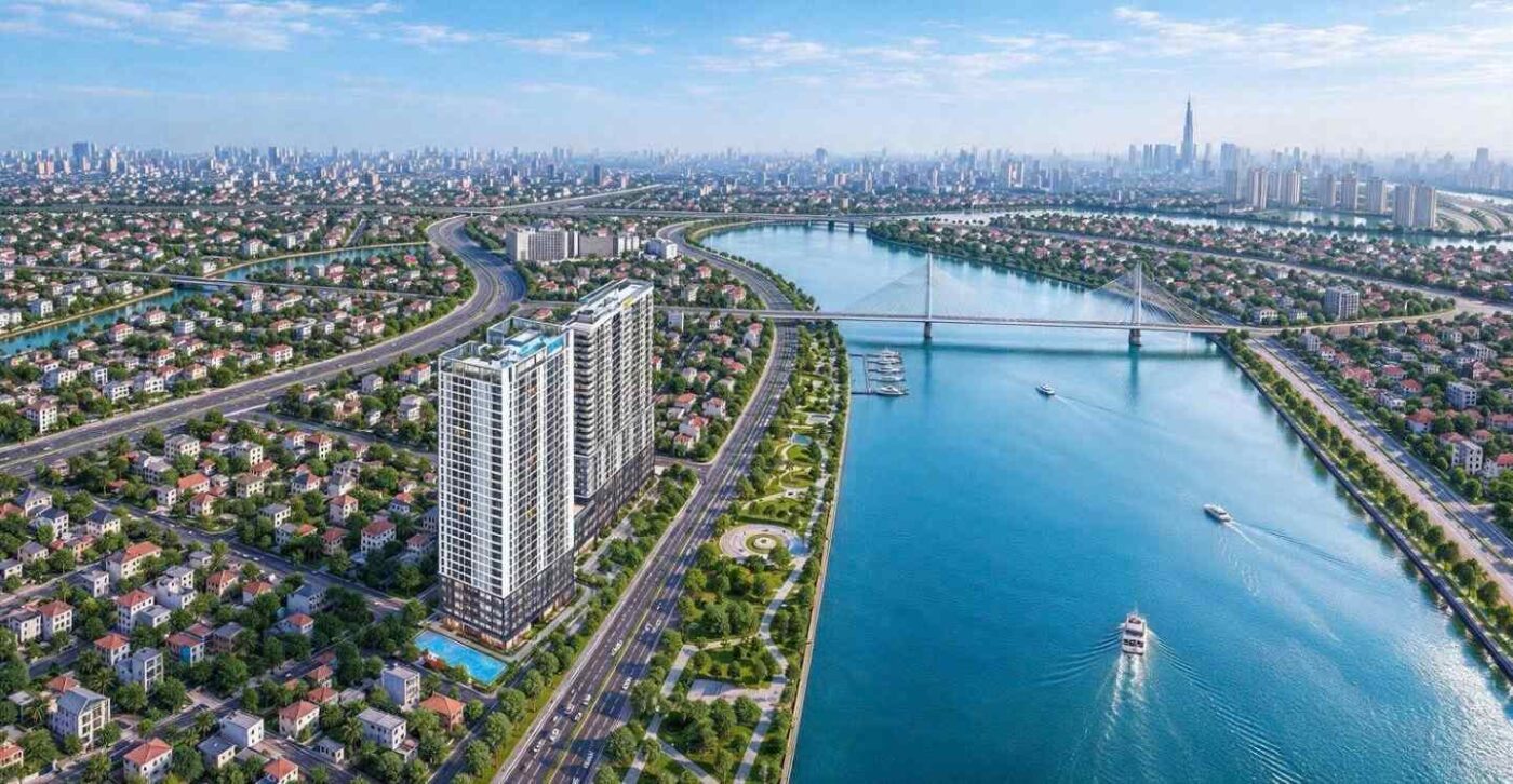 Phối cảnh hai tháp căn hộ Serena Riverside bên sông Sài Gòn